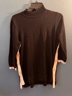 New York & Company Black Knit Top with Blush Button Detail